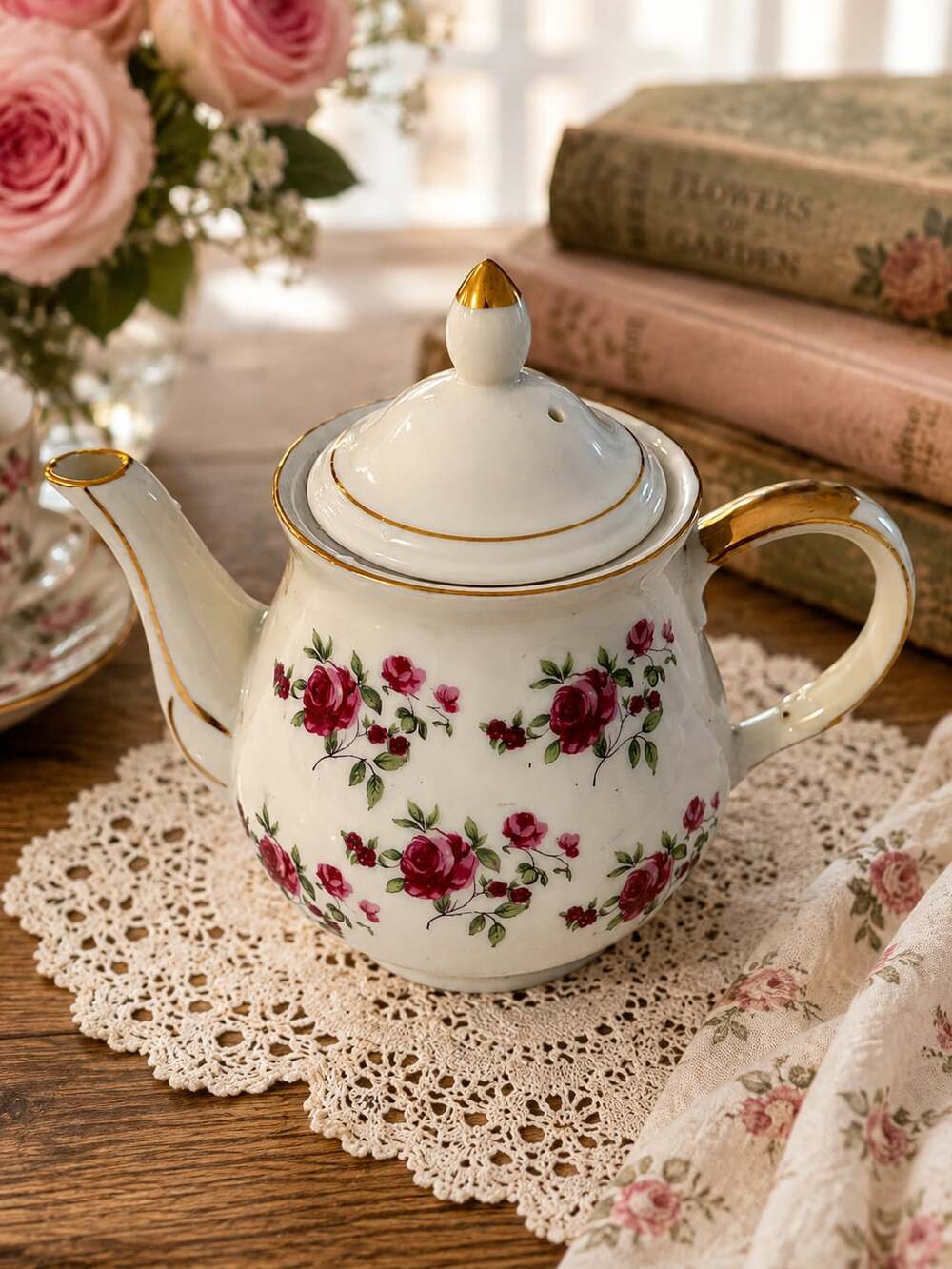Vintage Fine China Japan Electric Teapot Pink Roses Gold Trim Tea Warmer